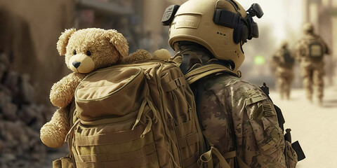 a Plush Teddy bear Adorning a Soldier's Backpack During Active Duty in a War Zone. Emotional Resilience in the Face of Adversity. digital ai art
