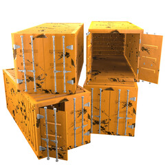 3D design of cargo containers for storage transportation illustration. 3D design of four orange colored scratched cargo with open and closed doors