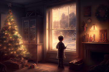 Obraz na płótnie Canvas Beautiful toddler child, boy, waiting on the window on Christmas eve, looking for Santa Claus curiously
