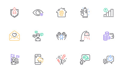 Love letter, Graph chart and Safe water line icons for website, printing. Collection of Fireworks rocket, Incoming call, Wallet icons. Fingerprint access, Feminism, Stand lamp web elements. Vector
