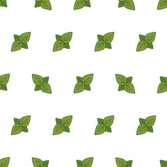 Mint leaves, basil, tea on a white background. Seamless simple vector pattern