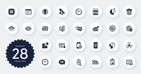 Set of Science icons, such as Seo phone, Quickstart guide and Cpu processor flat icons. Ssd, Trash bin, Time management web elements. Swipe up, Stress, Investment graph signs. Circle buttons. Vector