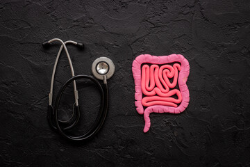 Colon bowel disease concept. Intestines organ shape made of plasticine with stethoscope