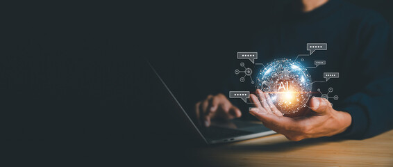 Chatbot chat AI concept, artificial intelligence Businessman using AI smart robot technology inputting commands to analyze data and build something. future technology changes.