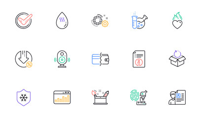 Clean skin, Marketing statistics and Hot water line icons for website, printing. Collection of Technical info, Loan percent, Fingerprint research icons. Gears, Return package. Vector