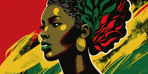 Abstract Black female portrait with Black history month red, green and yellow colors. Generative ai
