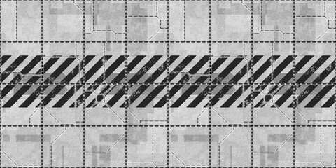 Seamless concrete or galvanized metal wall or floor panel background texture transparent overlay. Monochrome black and white warning stripe scifi spaceship docking bay runway pattern. 3D rendering. © Unleashed Design