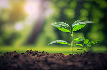 green plants growing at green nature background Green energy technology Space fort text on the left