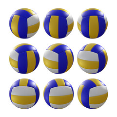 3d rendering sequential blue white yellow volleyball rotating perspective view
