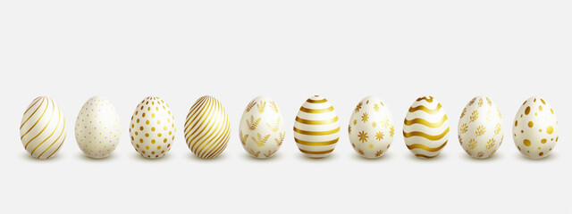 Set of white Easter eggs with gold patterns with shadow, isolated.
