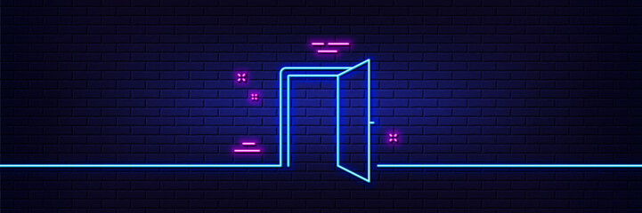 Neon light glow effect. Open door line icon. Entrance doorway sign. Building entry symbol. 3d line neon glow icon. Brick wall banner. Open door outline. Vector