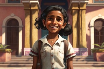 Illustration of cartoonish diverse young students in front of a school - Created with Generative ai