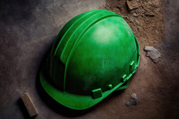 A green construction working safety hardhat or helmet from top view is placed on construction site ground, industrial PPE equipment object. Generative Ai image.	
