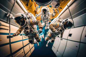 A team of astronauts floating in zero gravity as they conduct experiments on a space station - Generative AI - obrazy, fototapety, plakaty