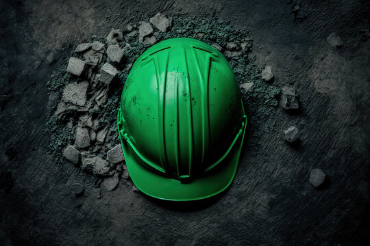 A green construction working safety hardhat or helmet from top view is placed on construction site ground, industrial PPE equipment object. Generative Ai image.	
