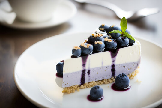 A piece of blueberry cheesecake is served in white plate, placed on wooden table at the bakery shop. Food object. Generative Ai image.	

