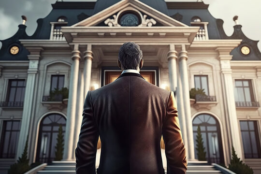 A man is business suit is standing in front of the luxury mansion, Rich man or successful businessman concept. Generative Ai image.	
