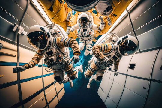 A Team Of Astronauts Floating In Zero Gravity As They Conduct Experiments On A Space Station - Generative AI