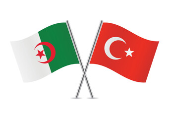 Algeria and Turkey crossed flags. Algerian and Turkish flags on white background. Vector icon set. Vector illustration. 