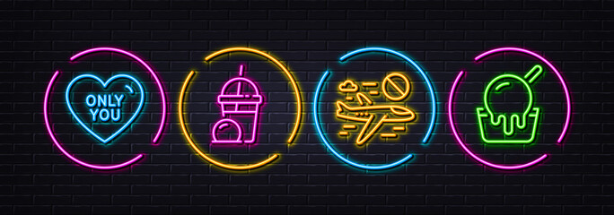 Naklejka premium Cancel flight, Ice cream milkshake and Only you minimal line icons. Neon laser 3d lights. Ice cream icons. For web, application, printing. Closed flights, Sundae milkshake, Love heart. Vector