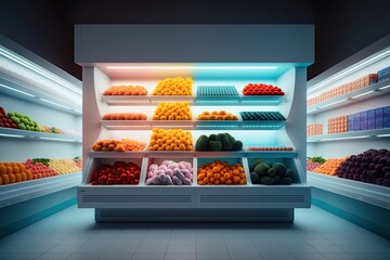 Vibrant produce on display in a modern supermarket. Fresh fruits and vegetables in shelf. Generative AI