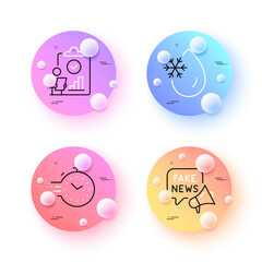 Timer, Freezing water and Fake news minimal line icons. 3d spheres or balls buttons. Inspect icons. For web, application, printing. Deadline management, Freeze temperature, Wrong fact. Vector