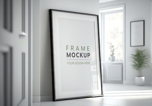 Black Frame Placed in a Bright Living Room Mockup. Generative Ai