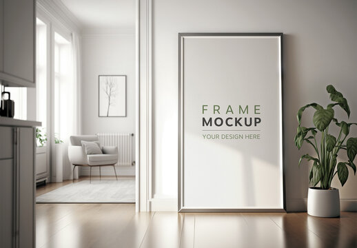 White Frame in a Bright Modern Interior Mockup. Generative Ai
