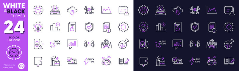 Recovery gear, Idea and Confirmed line icons for website, printing. Collection of Decreasing graph, Analytical chat, Puzzle icons. Approved document, Online survey. Bicolor outline icon. Vector