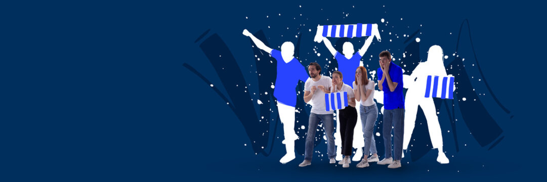 Creative art collage. Modern design. Group of young people emotionally looking on sport competition. Blue background. Tense game moment. Concept of sport, cup, world, team, event, championship