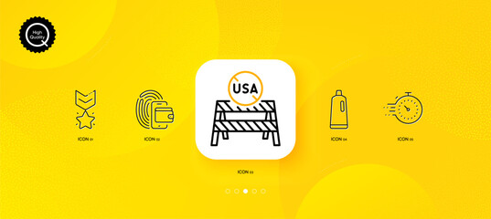 Fototapeta na wymiar Usa close borders, Winner medal and Timer minimal line icons. Yellow abstract background. Shampoo, Wallet icons. For web, application, printing. Vector