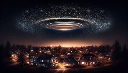 Unidentified Object UFO flying over houses with people watching spaceships - 572273476