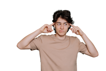 Pensive caucasian teen touches his temples by index fingers looks aside bites lip standing against blue backdrop with copy space. Thoughtful Italian boy in beige t-shirt isolated. Mockup. Hesitation.