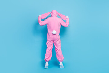 Full length photo of funny funky retired guy wear pink hare sleepwear standing back showing small...