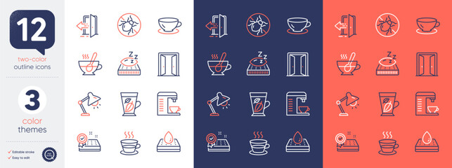 Set of Waterproof mattress, Mattress and Coffee cup line icons. Include Espresso, Bed bugs, Mint leaves icons. Tea cup, Coffee machine, Table lamp web elements. Entrance, Open door. Vector