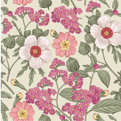 Seamless pattern fabric. Beautiful realistic isolated flowers. Vintage background. Hibiscus, Wahlenbergia Hemlock fern wildflowers. Wallpaper baroque. Drawing engraving. Vector victorian illustration 
