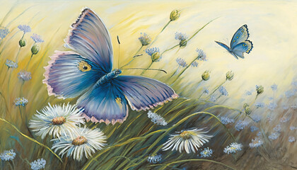  a painting of a blue butterfly and daisies in a field.  generative ai