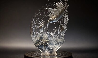  a glass sculpture of a bird and a fish in the water.  generative ai