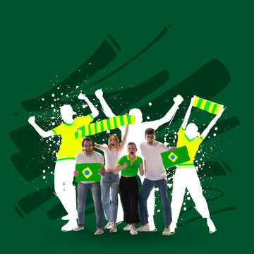 Creative art collage. Modern design. Emotional young people, men and women actively cheering up favourite brazil football team over green background. Concept of sport, cup, world, event, competition