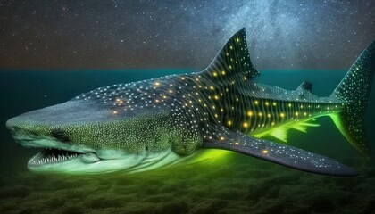 Naklejka premium a painting of a large shark with its mouth open and glowing lights on it's teeth. generative ai