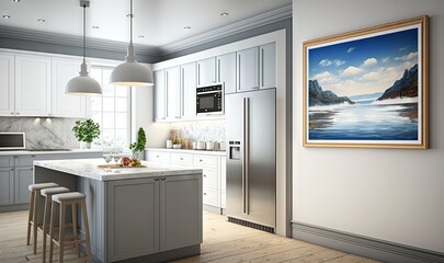  a kitchen with white cabinets and a painting on the wall.  generative ai