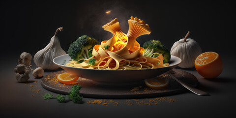 Noodles in plate with dark background, ai generative.