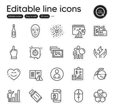 Set of Business outline icons. Contains icons as Report, Usb flash and Card elements. Graph chart, Wallet, Smile chat web signs. Timer, Middle finger, Coffee pot elements. Champagne. Vector