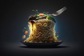 A plate of noodles, wrapped around a fork, displayed on a dark background, showcasing the simplicity and beauty of this classic and versatile dish, Ai generative.