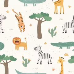 Seamless pattern with cute african animals. Tiger, leon, giraffe, zebra and crocodile. Vector illustration in flat style. © Nataliia Pyzhova
