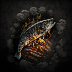 A grilled fish, cooked over charcoal fire flames, set against a smoky black background, creating a mouth-watering and visually striking image, Ai generative.