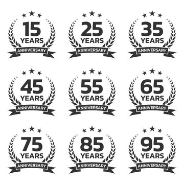Anniversary icon or logo set with laurel wreath. 15, 25, 35, 45 ,55, 65, 75, 85, 95 years jubilee, birthday badge, label or emblem. Celebration design element. Vector illustration.