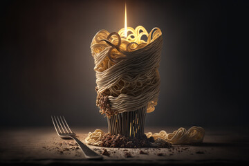 A candle-lit dinner concept featuring a fork and a bowl of noodles, set against a dark background, evoking a warm and cozy ambiance, ai generative.