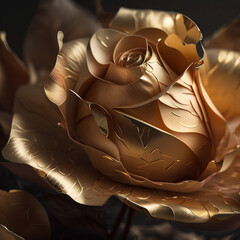 Gold rose close up in black. Golden flower. Generative AI