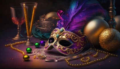 Luxurious carnival mask with candles and colorful decoration. Mardi Gras. Generative ai